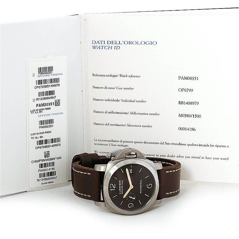 The image shows a Panerai Luminor PAM00351 Men's Titanium Brown Dial PAM00351 Men's Titanium Brown Dial watch with a brown leather strap, alongside its certificate and watch details.