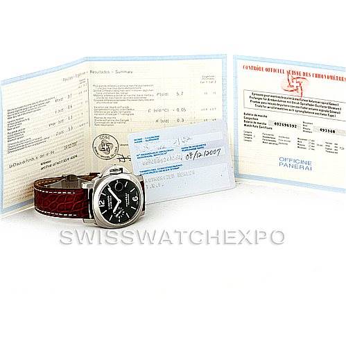 The image shows a Panerai Luminor PAM048 Men's Stainless Steel Black Dial PAM048 Men's Stainless Steel Black Dial watch with a brown leather strap, displayed with its documents at an angle showcasing the face.