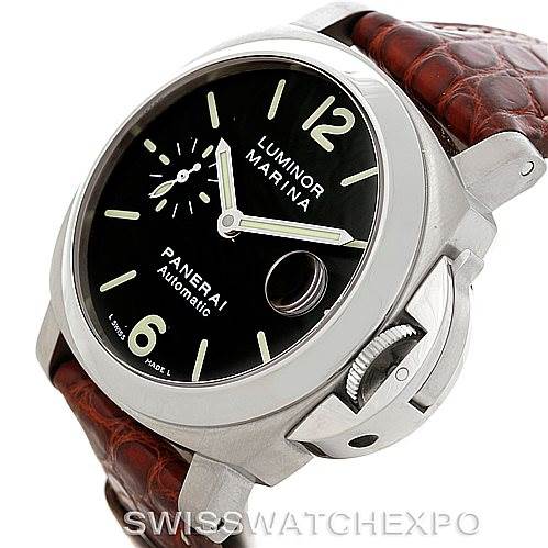The image shows a Panerai Luminor PAM048 Men's Stainless Steel Black Dial PAM048 Men's Stainless Steel Black Dial watch at an angled close-up, displaying its black dial, crown protector, and brown leather strap.