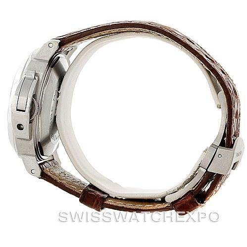 The image shows a side view of the Panerai Luminor PAM048 Men's Stainless Steel Black Dial PAM048 Men's Stainless Steel Black Dial watch with its case, crown protection, and leather strap visible.