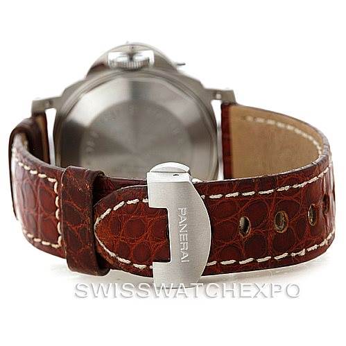 The image shows the back view of a Panerai Luminor PAM048 Men's Stainless Steel Black Dial PAM048 Men's Stainless Steel Black Dial watch, focusing on the brown leather strap and buckle.