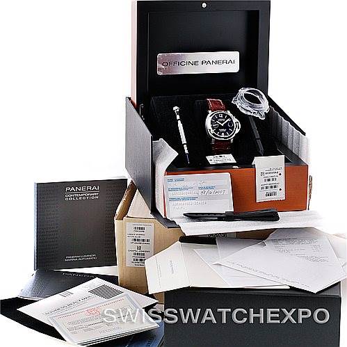 The image shows a Panerai Luminor PAM048 Men's Stainless Steel Black Dial PAM048 Men's Stainless Steel Black Dial watch and accessories in an open box with paperwork, a screwdriver, and a replacement strap.