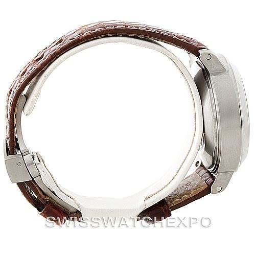 Side view of a Panerai Luminor PAM048 Men's Stainless Steel Black Dial PAM048 Men's Stainless Steel Black Dial watch showing the case, strap, and crown-protecting bridge.