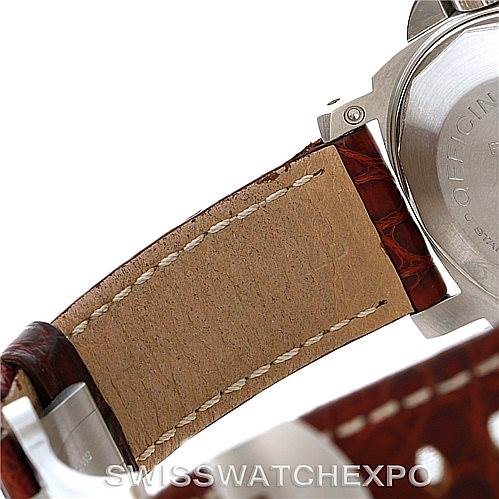 This image shows the back case and leather strap of a Panerai Luminor PAM048 Men's Stainless Steel Black Dial PAM048 Men's Stainless Steel Black Dial watch, viewed at an angle.