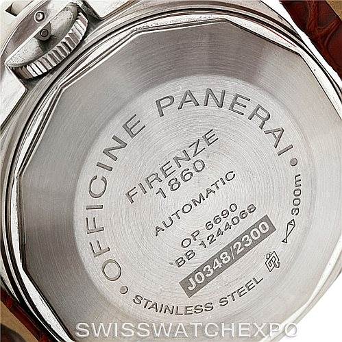The image shows the back case of a Panerai Luminor PAM048 Men's Stainless Steel Black Dial PAM048 Men's Stainless Steel Black Dial watch, displaying its engravings and markings.