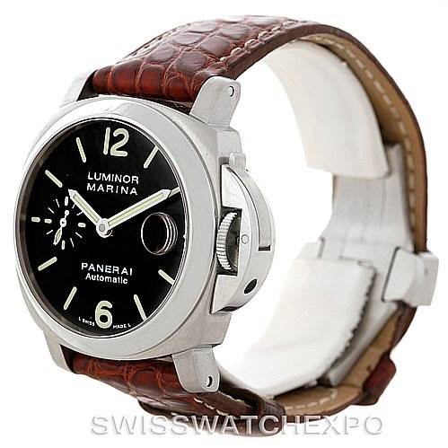 The image shows a Panerai Luminor PAM048 Men's Stainless Steel Black Dial PAM048 Men's Stainless Steel Black Dial Marina watch at a slight angle, revealing the face, crown guard, and brown leather strap.