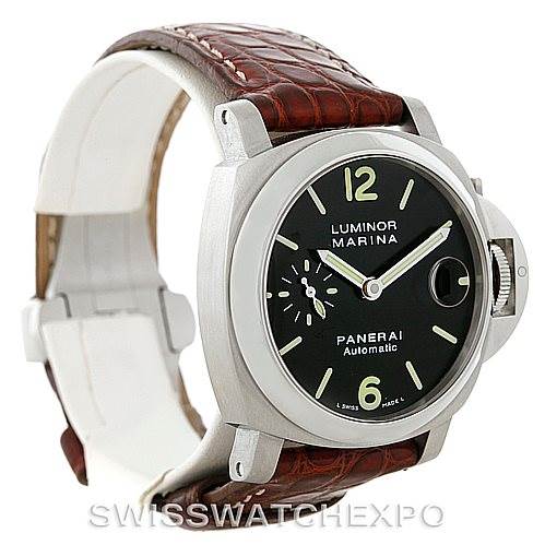 The image shows a Panerai Luminor PAM048 Men's Stainless Steel Black Dial PAM048 Men's Stainless Steel Black Dial watch at a front angle, showcasing its dial, case, and brown leather strap.
