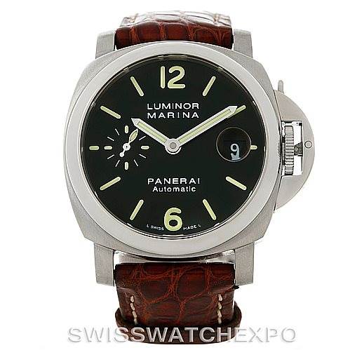 This image shows a Panerai Luminor PAM048 Men's Stainless Steel Black Dial PAM048 Men's Stainless Steel Black Dial Marina watch from a front angle, highlighting its dial, crown guard, and leather strap.