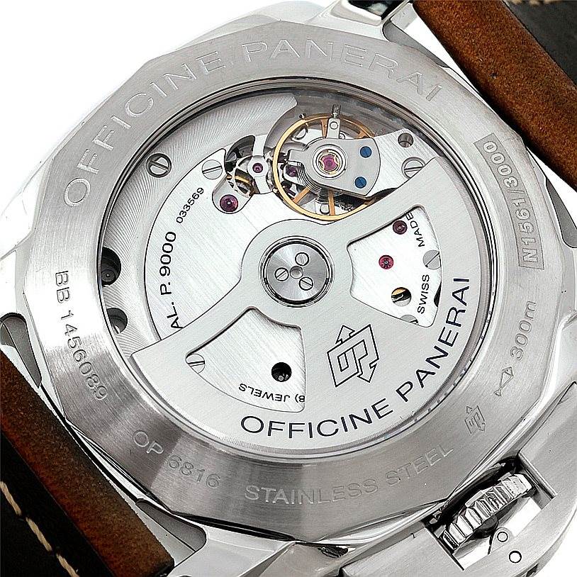 The image shows the back view of a Panerai Luminor PAM00359 Men
s Stainless Steel Black Dial PAM00359 Men
s Stainless Steel Black Dial watch, displaying its inner mechanical movement and engraved details.