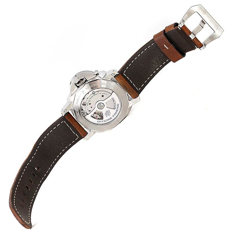 The image shows the back and leather strap of a Panerai Luminor PAM00359 Men
s Stainless Steel Black Dial PAM00359 Men
s Stainless Steel Black Dial watch, highlighting its mechanical movement.