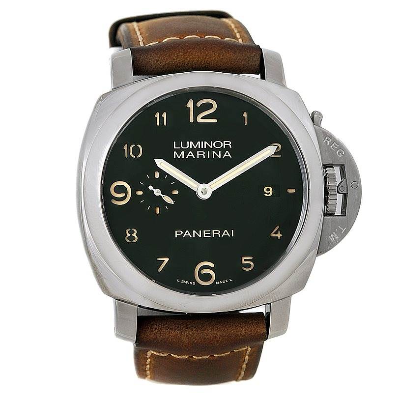 This image shows a front view of a Panerai Luminor PAM00359 Men
s Stainless Steel Black Dial PAM00359 Men
s Stainless Steel Black Dial Marina watch, featuring its dial and leather strap.
