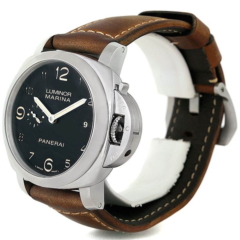 This image shows a Panerai Luminor PAM00359 Men
s Stainless Steel Black Dial PAM00359 Men
s Stainless Steel Black Dial watch from an angled front view, highlighting the dial, case, and leather strap.