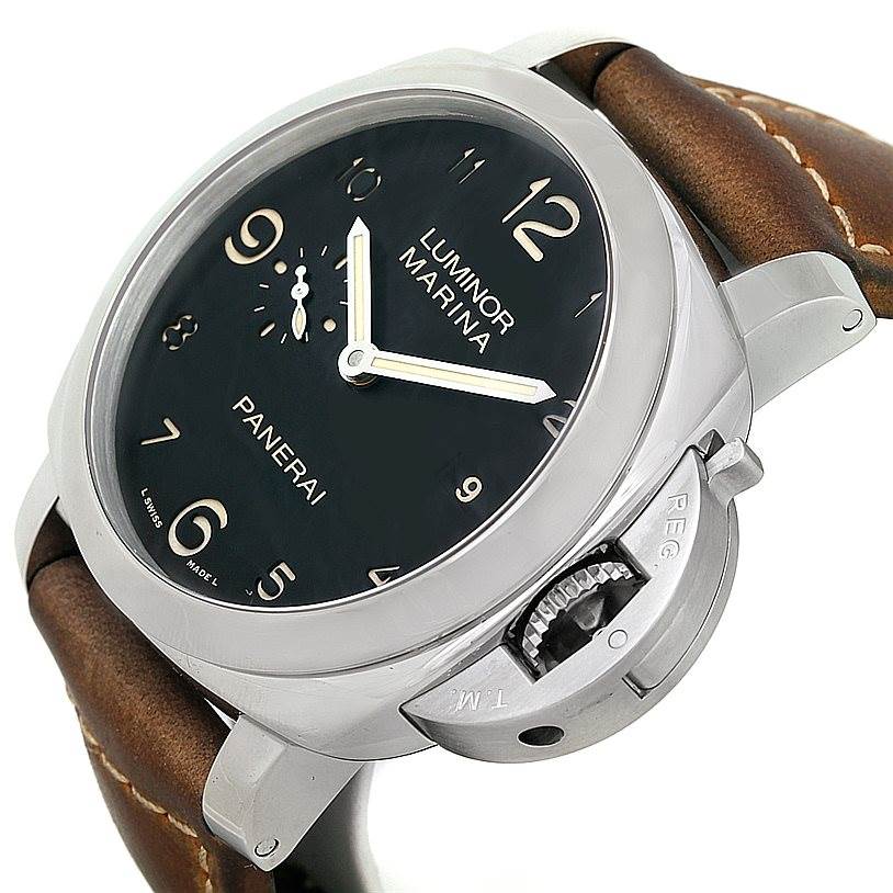 The image shows a Panerai Luminor PAM00359 Men
s Stainless Steel Black Dial PAM00359 Men
s Stainless Steel Black Dial watch at a slight right-side angle, featuring the crown guard, dial, and leather strap.