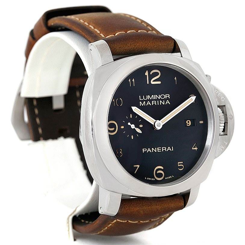 The image shows a close-up front view of a Panerai Luminor PAM00359 Men
s Stainless Steel Black Dial PAM00359 Men
s Stainless Steel Black Dial watch with a black dial and brown leather strap.