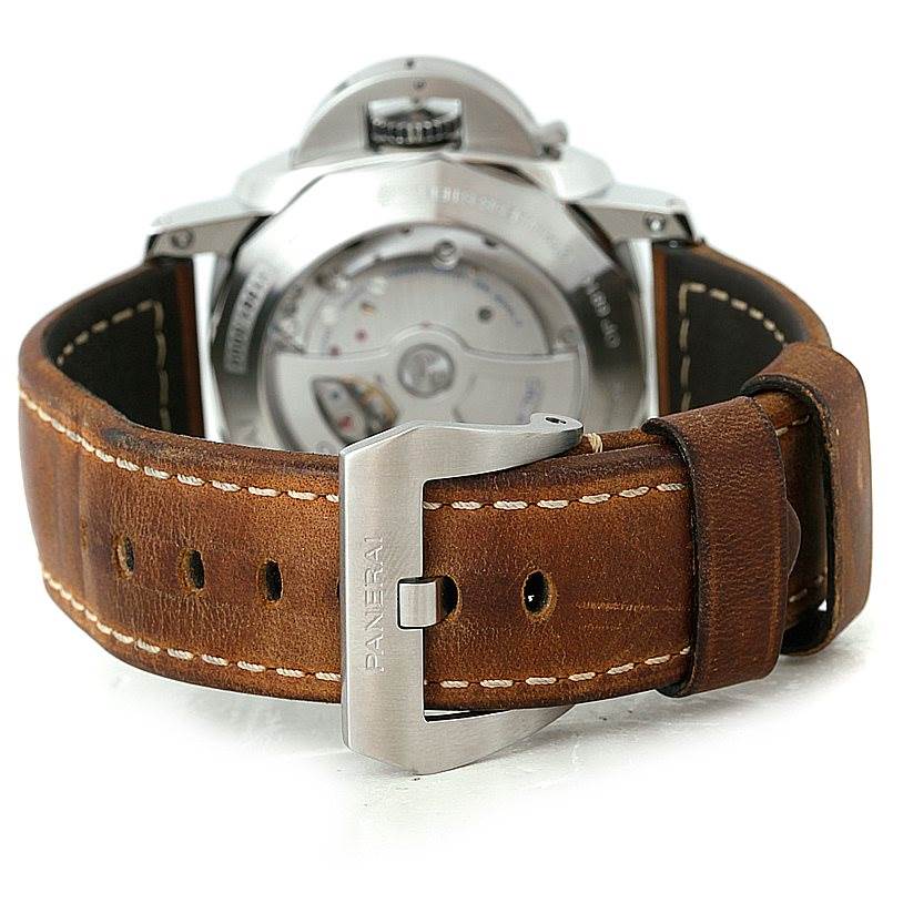 The image shows the rear view of a Panerai Luminor PAM00359 Men
s Stainless Steel Black Dial PAM00359 Men
s Stainless Steel Black Dial watch, highlighting the leather strap and buckle.