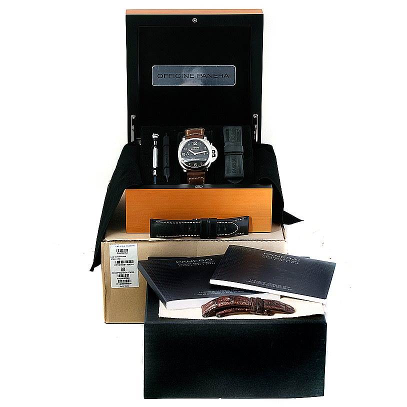 The image shows a Panerai Luminor PAM00359 Men
s Stainless Steel Black Dial PAM00359 Men
s Stainless Steel Black Dial watch set with the watch, straps, tools, and manuals from a front angle.