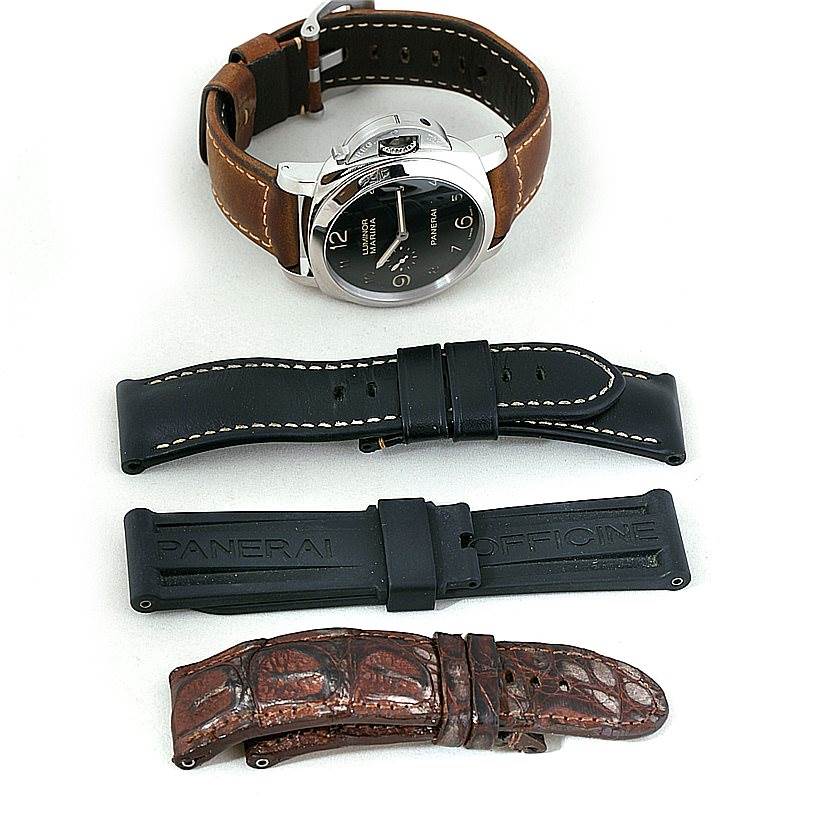 The image shows a Panerai Luminor PAM00359 Men
s Stainless Steel Black Dial PAM00359 Men
s Stainless Steel Black Dial watch with brown leather strap, and three additional interchangeable straps in black and brown leather.