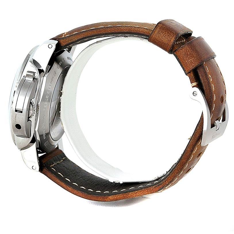 The image shows the side and back view of a Panerai Luminor PAM00359 Men
s Stainless Steel Black Dial PAM00359 Men
s Stainless Steel Black Dial watch with a brown leather strap.