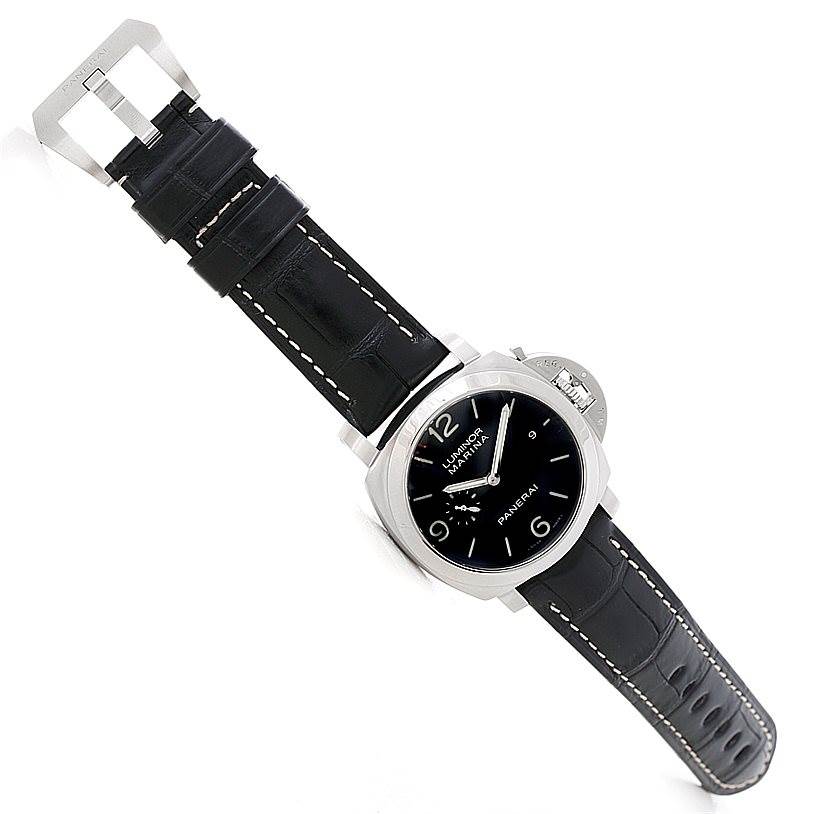 The image shows a Panerai Luminor PAM00312 Men's Stainless Steel Black Dial PAM00312 Men's Stainless Steel Black Dial watch at a slight angle, displaying its dial, case, crown guard, and leather strap.