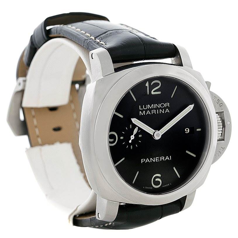 The image shows a Panerai Luminor PAM00312 Men's Stainless Steel Black Dial PAM00312 Men's Stainless Steel Black Dial watch at an angle displaying its front, side, and black leather strap.