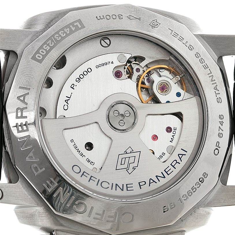 The image shows the back view of a Panerai Luminor PAM00312 Men's Stainless Steel Black Dial PAM00312 Men's Stainless Steel Black Dial watch, highlighting its P.9000 calibre movement.