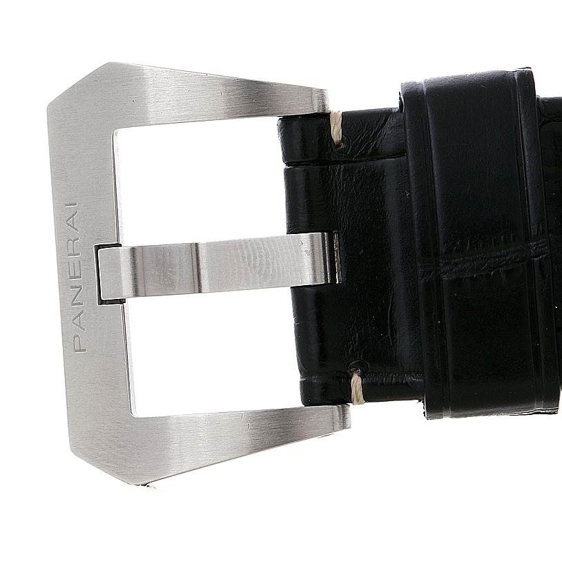 This image shows a close-up angle of the buckle and part of the leather strap of a Panerai Luminor PAM00312 Men's Stainless Steel Black Dial PAM00312 Men's Stainless Steel Black Dial watch.