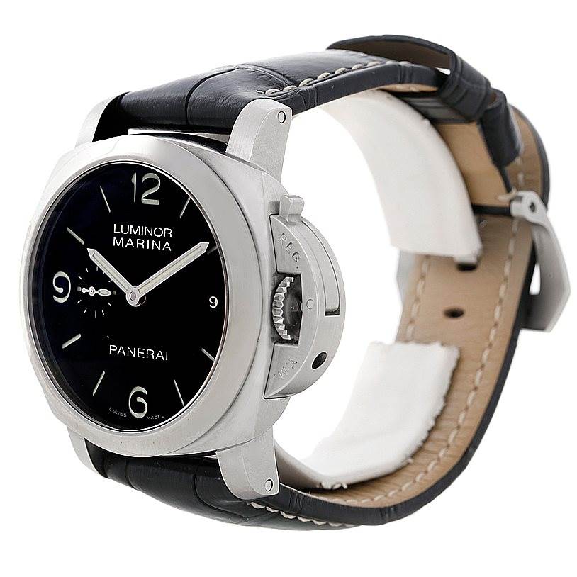 The Panerai Luminor PAM00312 Men's Stainless Steel Black Dial PAM00312 Men's Stainless Steel Black Dial watch is shown at a slight angle, highlighting the face, crown guard, and leather strap.