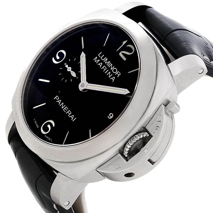 This image shows a Panerai Luminor PAM00312 Men's Stainless Steel Black Dial PAM00312 Men's Stainless Steel Black Dial watch from a tilted angle focusing on the crown guard and part of the leather strap.