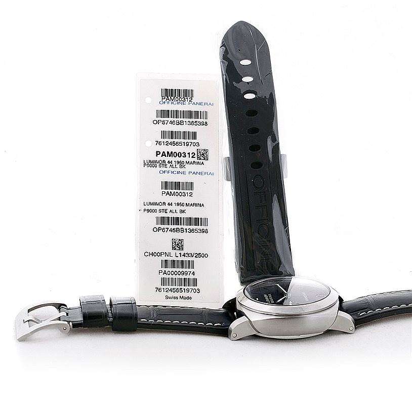 The image shows a side view of a Panerai Luminor PAM00312 Men's Stainless Steel Black Dial PAM00312 Men's Stainless Steel Black Dial watch with its strap and tags displayed.