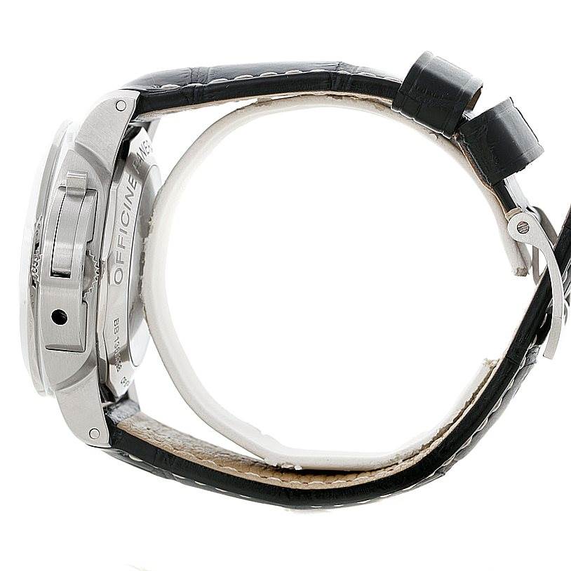 The image shows a side view of a Panerai Luminor PAM00312 Men's Stainless Steel Black Dial PAM00312 Men's Stainless Steel Black Dial watch, highlighting its case, crown guard, and leather strap.