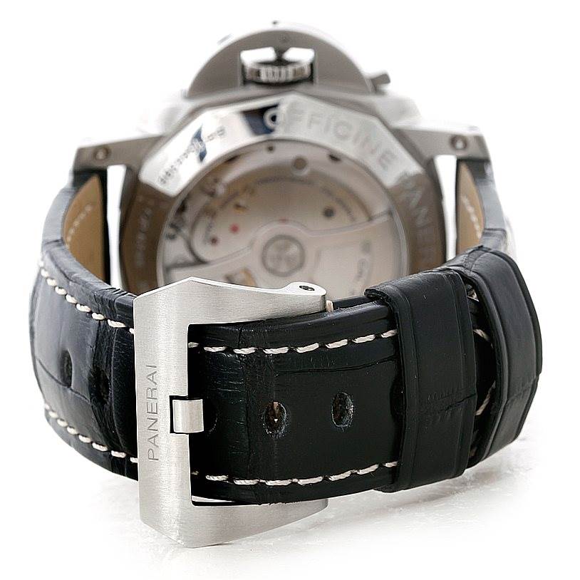 The image shows the rear angle of a Panerai Luminor PAM00312 Men's Stainless Steel Black Dial PAM00312 Men's Stainless Steel Black Dial watch, highlighting the watch's case back, movement, and leather strap.