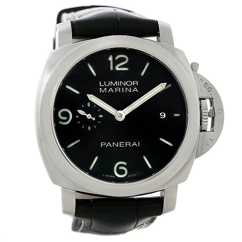 The image shows a head-on view of a Panerai Luminor PAM00312 Men's Stainless Steel Black Dial PAM00312 Men's Stainless Steel Black Dial Marina watch featuring its dial, hands, and crown protection device.