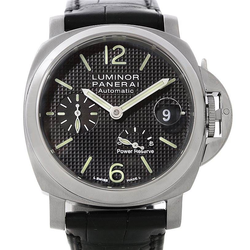 The image shows a front view of a Panerai Luminor PAM00241 Men's Stainless Steel Black Dial PAM00241 Men's Stainless Steel Black Dial watch, displaying the dial, hands, subdials, and date window.