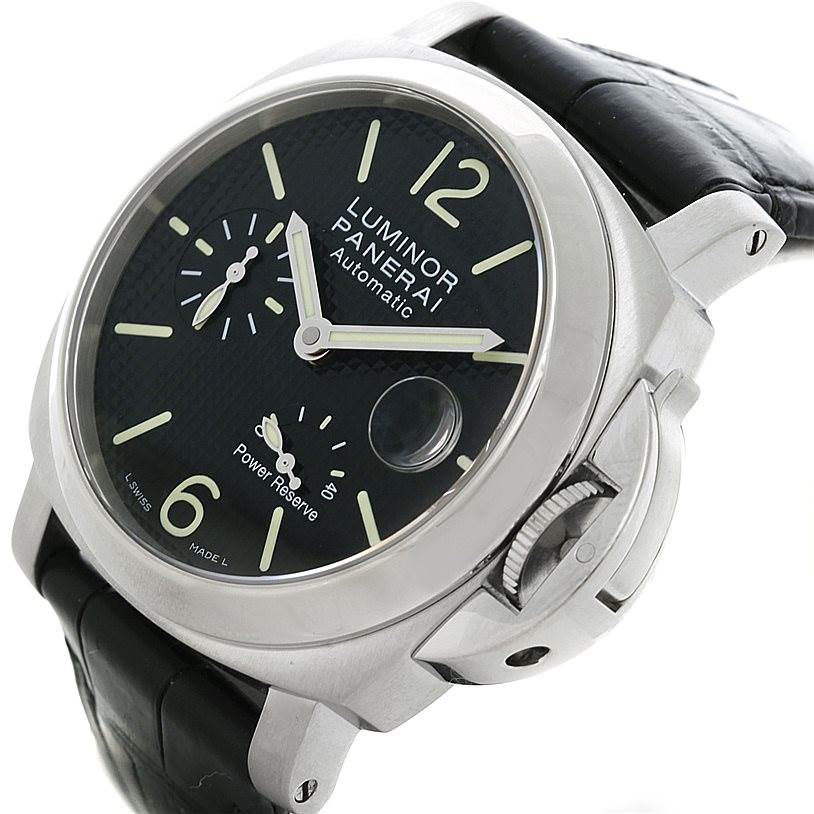 This image shows a Panerai Luminor PAM00241 Men's Stainless Steel Black Dial PAM00241 Men's Stainless Steel Black Dial watch front-facing, highlighting the dial, crown guard, and leather strap.