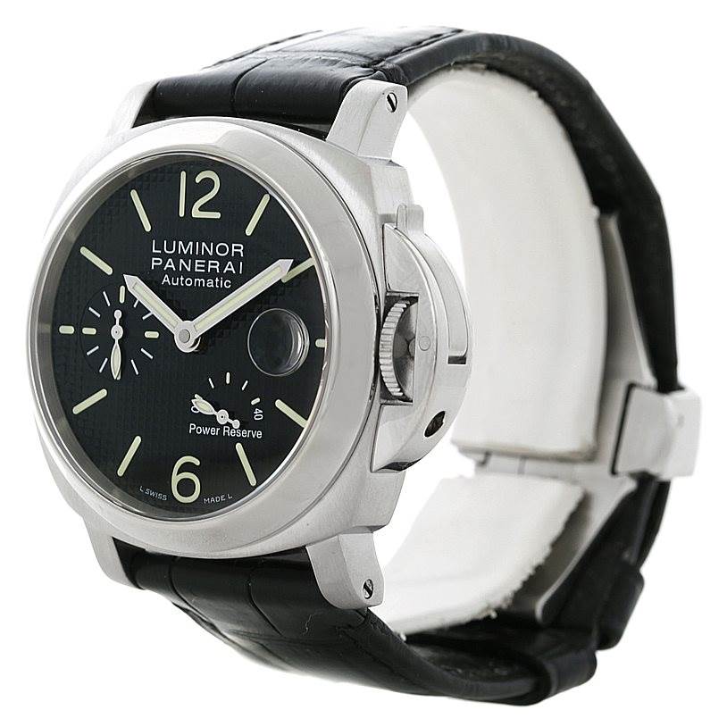 The image shows a side and frontal view of the Panerai Luminor PAM00241 Men's Stainless Steel Black Dial PAM00241 Men's Stainless Steel Black Dial watch, highlighting its dial, crown guard, and strap.