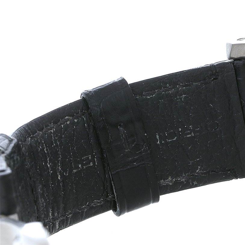 The image shows a close-up of the black leather strap of a Panerai Luminor PAM00241 Men's Stainless Steel Black Dial PAM00241 Men's Stainless Steel Black Dial watch.