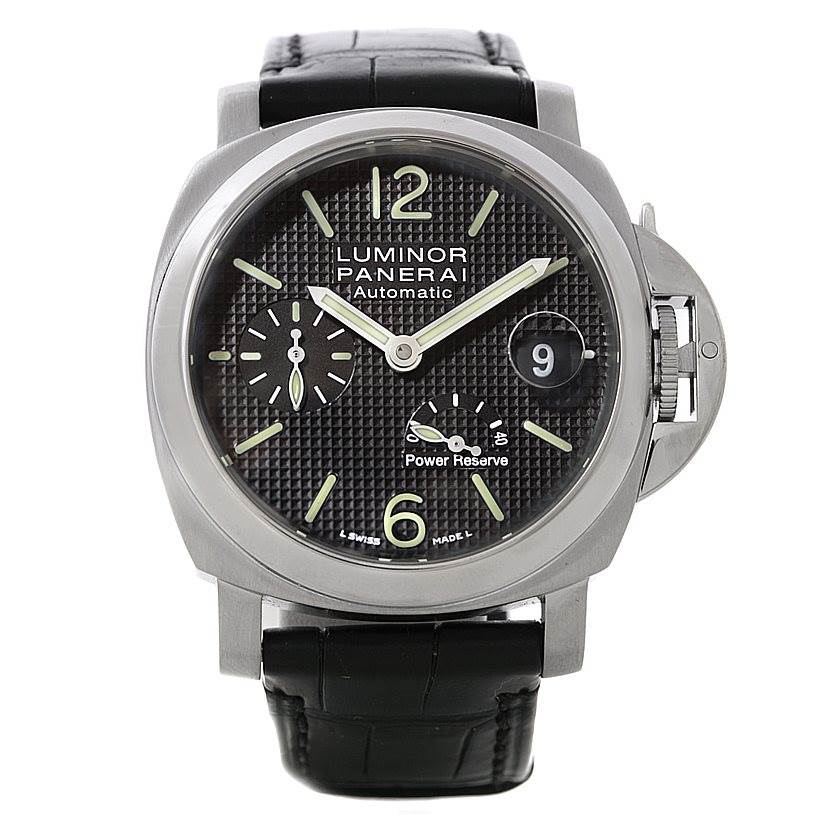 The image shows a front view of the Panerai Luminor PAM00241 Men's Stainless Steel Black Dial PAM00241 Men's Stainless Steel Black Dial watch, highlighting its face, dial, crown guard, and leather strap.