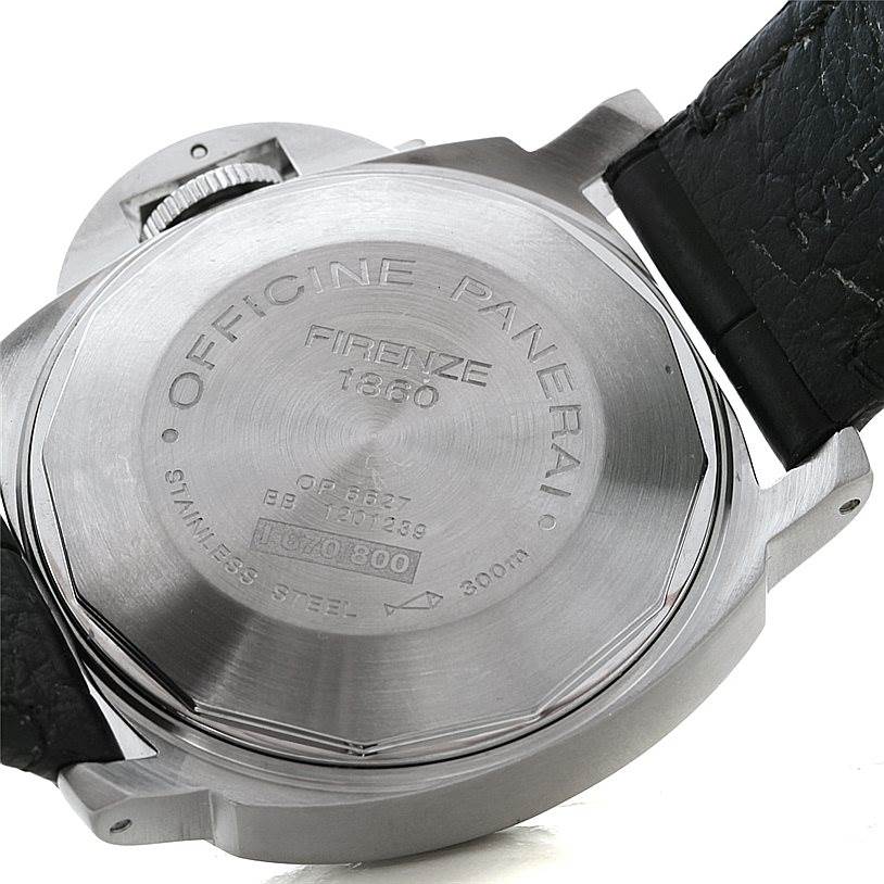 The image shows the back case of the Panerai Luminor PAM00241 Men's Stainless Steel Black Dial PAM00241 Men's Stainless Steel Black Dial watch, displaying engravings and partially the leather strap.