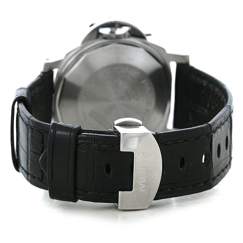 The image shows the back view of the Panerai Luminor PAM00241 Men's Stainless Steel Black Dial PAM00241 Men's Stainless Steel Black Dial watch, highlighting the closed clasp and leather strap.