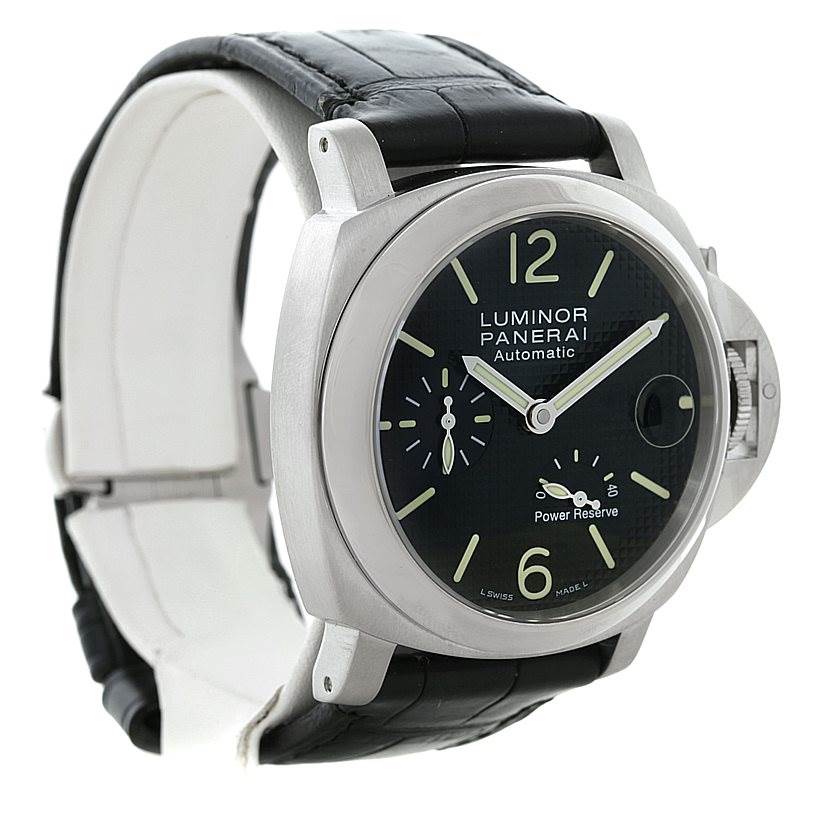 The Panerai Luminor PAM00241 Men's Stainless Steel Black Dial PAM00241 Men's Stainless Steel Black Dial watch is shown from a front-left angle, displaying its black dial, case, and leather strap.