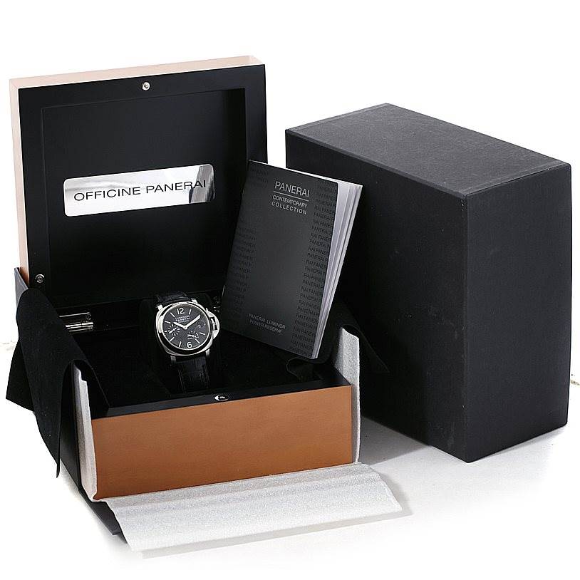 The image shows an open box with a Panerai Luminor PAM00241 Men's Stainless Steel Black Dial PAM00241 Men's Stainless Steel Black Dial watch, its warranty booklet, and packaging materials at an angle.