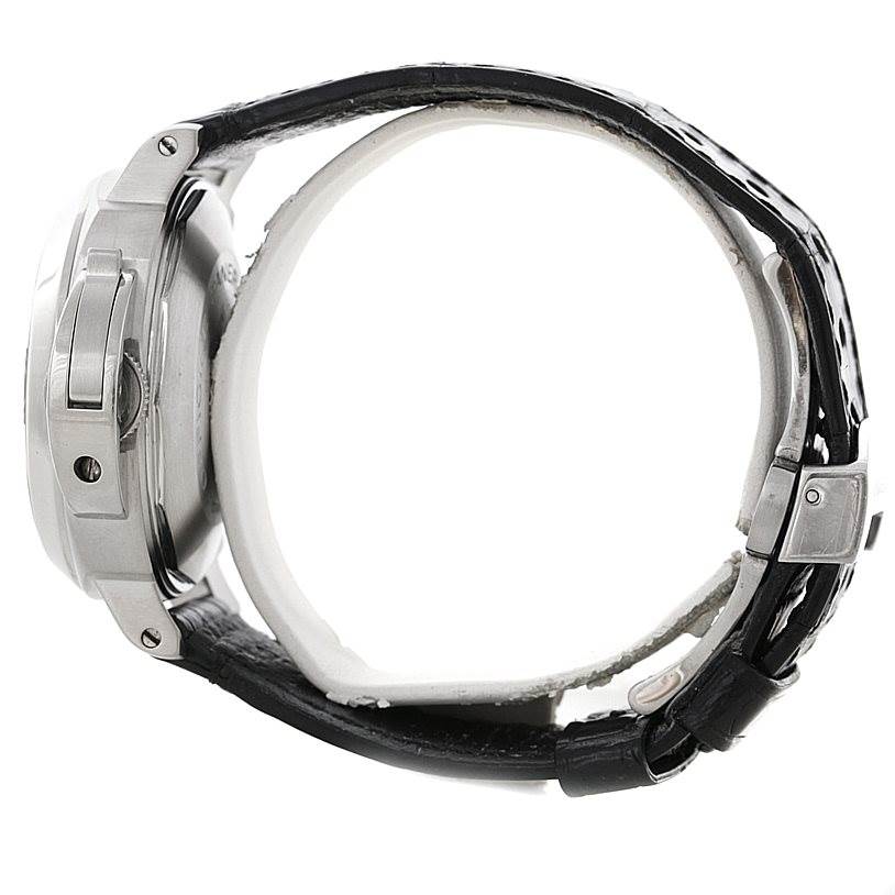 The image shows a side view of a Panerai Luminor PAM00241 Men's Stainless Steel Black Dial PAM00241 Men's Stainless Steel Black Dial watch, highlighting the crown guard and black leather strap.