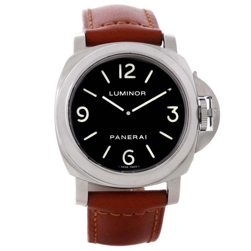 This image shows a frontal view of the Panerai Luminor PAM00112 Men
s Stainless Steel Black Dial PAM00112 Men
s Stainless Steel Black Dial watch, highlighting the dial, case, crown guard, and leather strap.