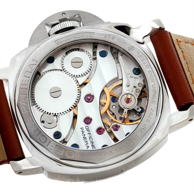 This image shows the back view of the Panerai Luminor PAM00112 Men
s Stainless Steel Black Dial PAM00112 Men
s Stainless Steel Black Dial watch, displaying its intricate inner mechanical components.