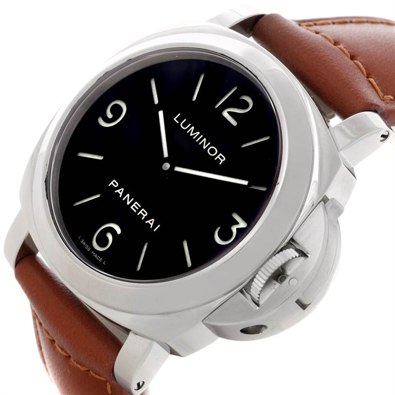 The image shows a close-up angle of the Panerai Luminor PAM00112 Men
s Stainless Steel Black Dial PAM00112 Men
s Stainless Steel Black Dial watch, highlighting its dial, crown guard, and brown leather strap.