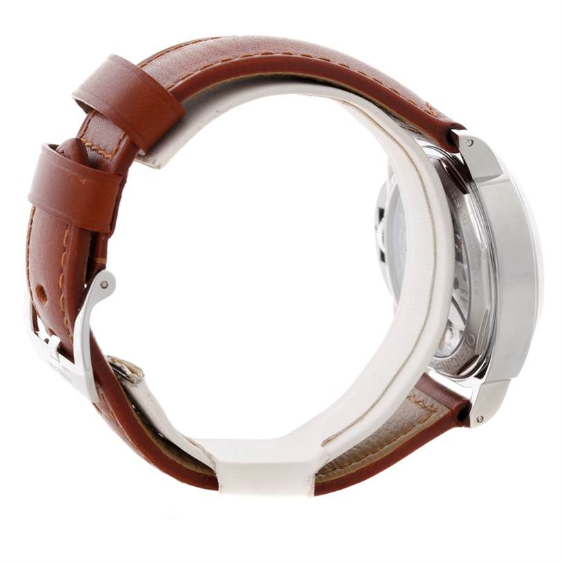 The image shows a side view of a Panerai Luminor PAM00112 Men
s Stainless Steel Black Dial PAM00112 Men
s Stainless Steel Black Dial watch, featuring its leather strap and stainless steel case.