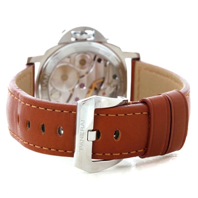 The image shows the back view of a Panerai Luminor PAM00112 Men
s Stainless Steel Black Dial PAM00112 Men
s Stainless Steel Black Dial watch, highlighting its leather strap and metal clasp.