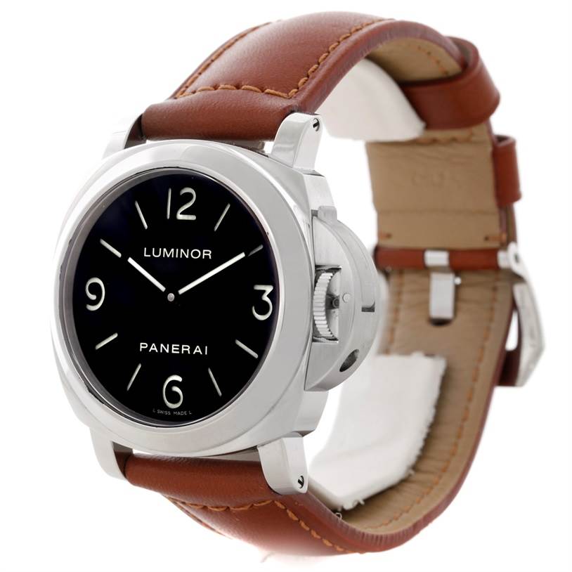The image shows a Panerai Luminor PAM00112 Men
s Stainless Steel Black Dial PAM00112 Men
s Stainless Steel Black Dial watch at an angled side view, highlighting its face, crown guard, and brown leather strap.