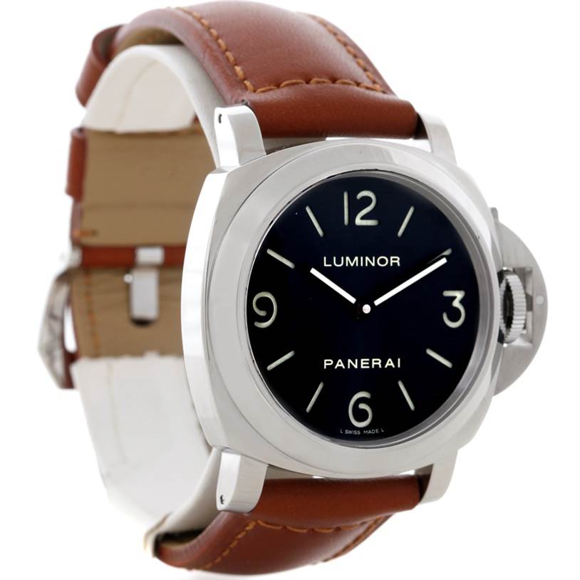 This image shows a Panerai Luminor PAM00112 Men
s Stainless Steel Black Dial PAM00112 Men
s Stainless Steel Black Dial watch at a slight angle, highlighting its black dial, crown guard, and brown leather strap.