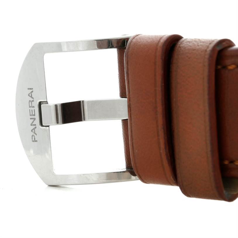 The image shows the buckle and leather strap of a Panerai Luminor PAM00111 Men's Stainless Steel Black Dial PAM00111 Men's Stainless Steel Black Dial watch.